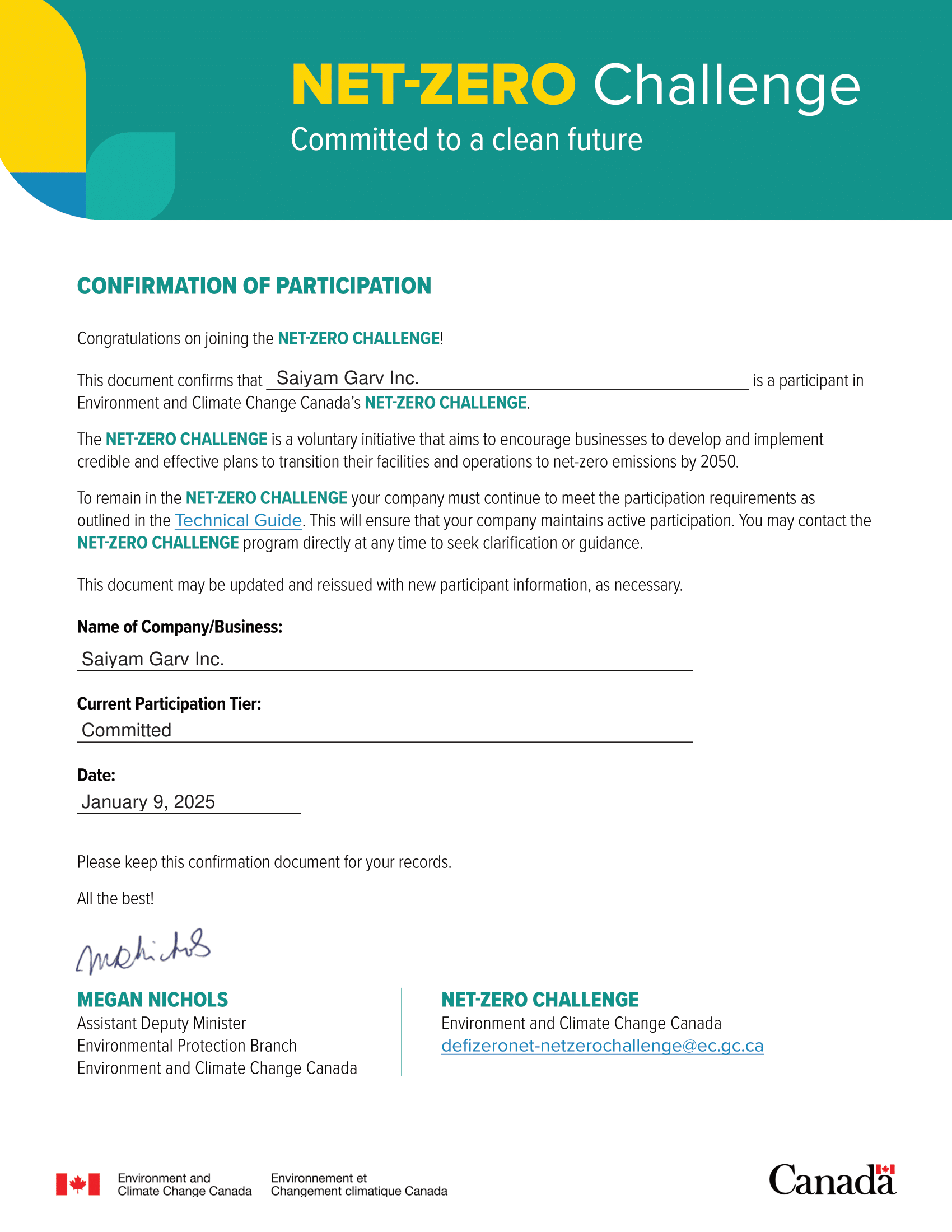 NET-ZERO Challenge Certificate